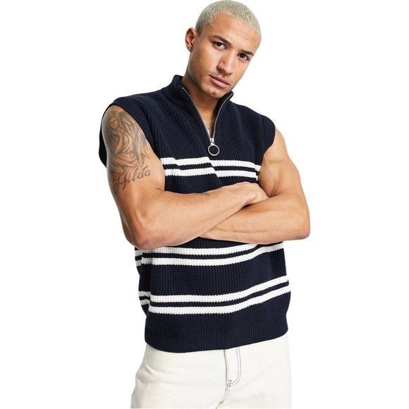 Topman Knitted Breton Stripe Tank Top in navy and white - Picture 1 of 7